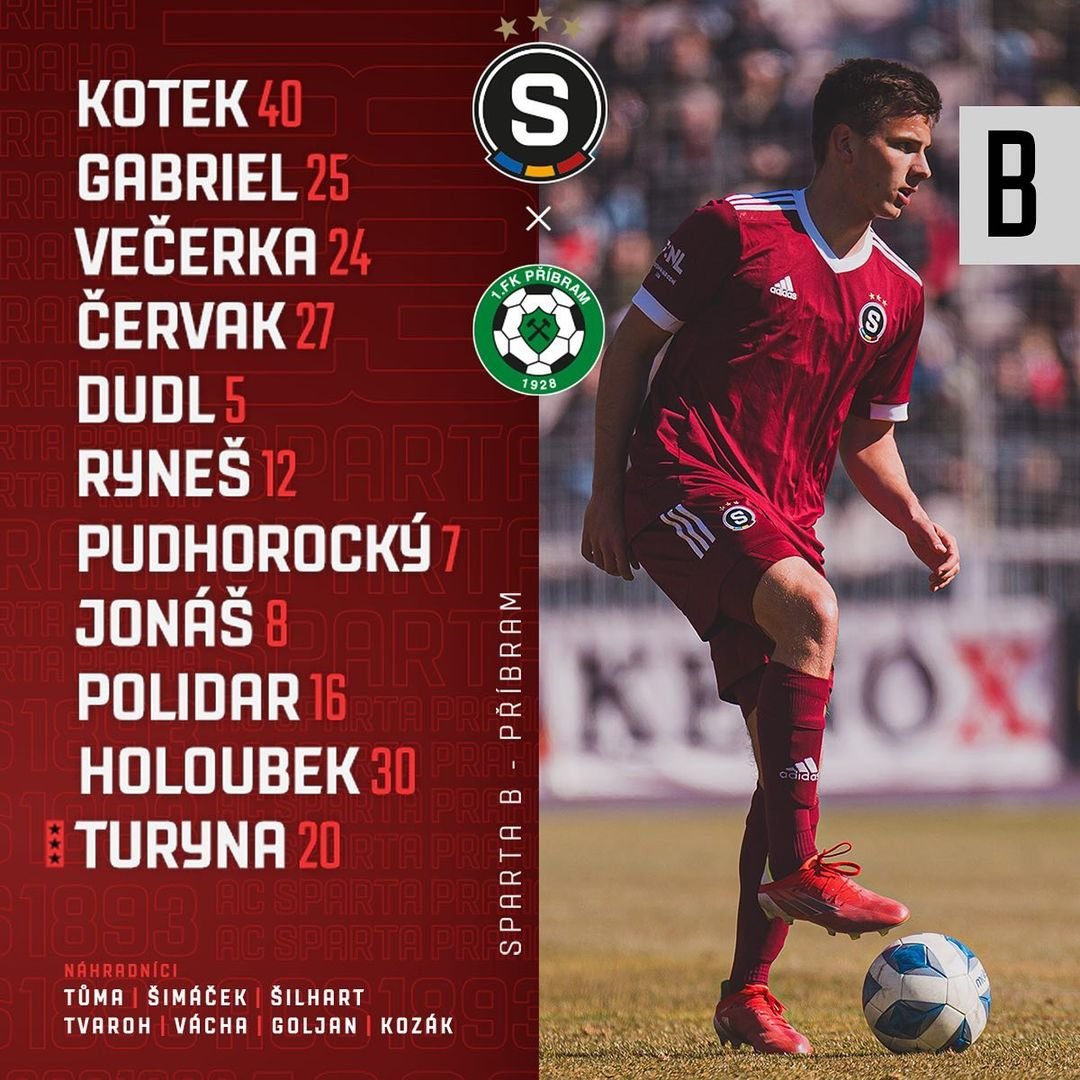 ?️ SESTAVA | Trenér Horňák vybral proti @1.fkpribram tuto sestavu:

Kotek - Gabriel, Večerka, Červak, Dudl - Ryneš, Pudhorocký, Jonáš, Polidar - Holoubek, Turyna.

? Zápas vysíláme živě na live.sparta.cz!
#acspartaB